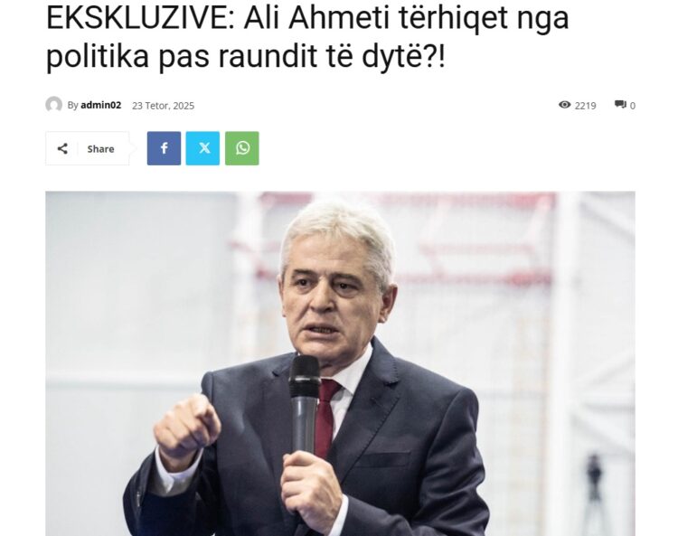 АЛИ АХМЕТИ СЕ ПОВЛЕКУВА ОД ПОЛИТИКАТА ПО ЛОКАЛНИТЕ ИЗБОРИ? Одлуката е блиску, ќе биде соопштена наскоро, објави албански медиум