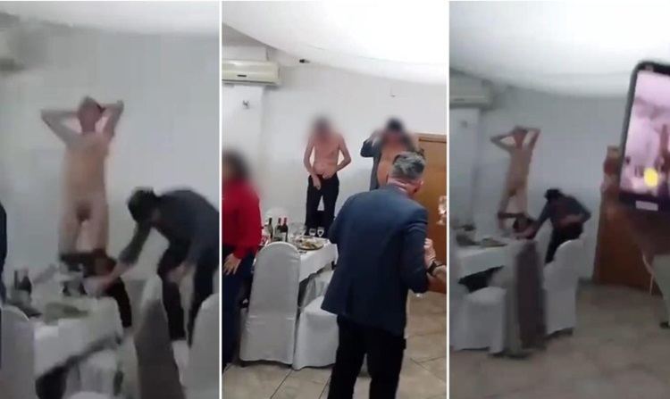 Гол маж танцува на маса на прославата на синдикатот на јавниот превоз на Загреб за Божиќ 2025