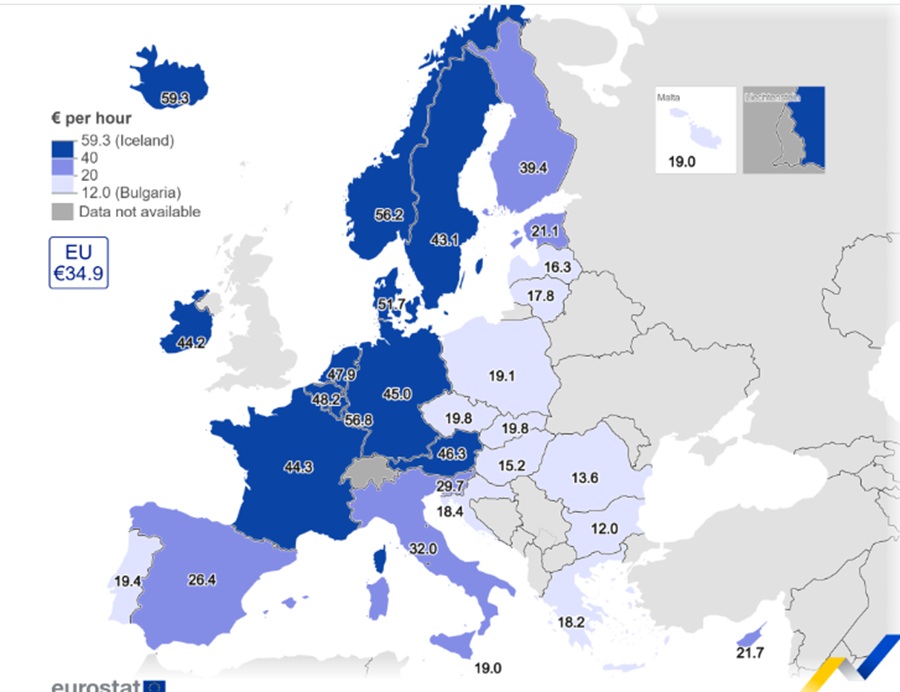 ТРОШОЦИТЕ НА ТРУД ВО ЕУ СЕ ДВИЖАТ ОД 12 ДО 57 ЕВРА Каде се највисоки, а каде најниски?